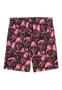 Sorte mesh shorts med et gennemgående mønster af slidte lyserøde kranier og en elastisk talje.