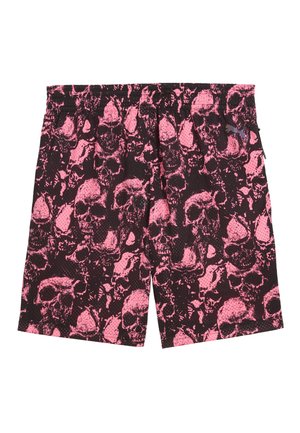 Sorte mesh shorts med et gennemgående mønster af slidte lyserøde kranier og en elastisk talje.