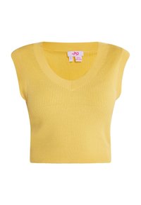 Gul ribbet strik crop top med V-hals, korte ærmer og tætsiddende design. Etiket angiver størrelse S og oprindelse fra Bangladesh.