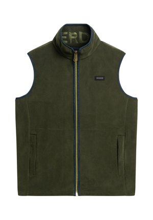 Chaleco sin mangas de color verde oliva, hecho de un material suave, con cierre frontal de cremallera, cuello alto y bolsillos laterales con ribete azul.
