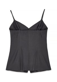 Dark gray camisole with thin straps, featuring a v-neckline and pintuck detailing, crafted from a smooth, lightweight fabric.
