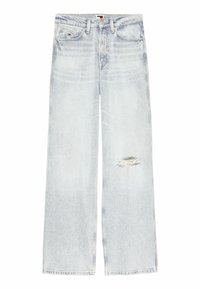 Jeans de denim de lavado claro con un corte relajado, que cuentan con un desgastado en el muslo delantero, diseño clásico de cinco bolsillos y cierre de botón.