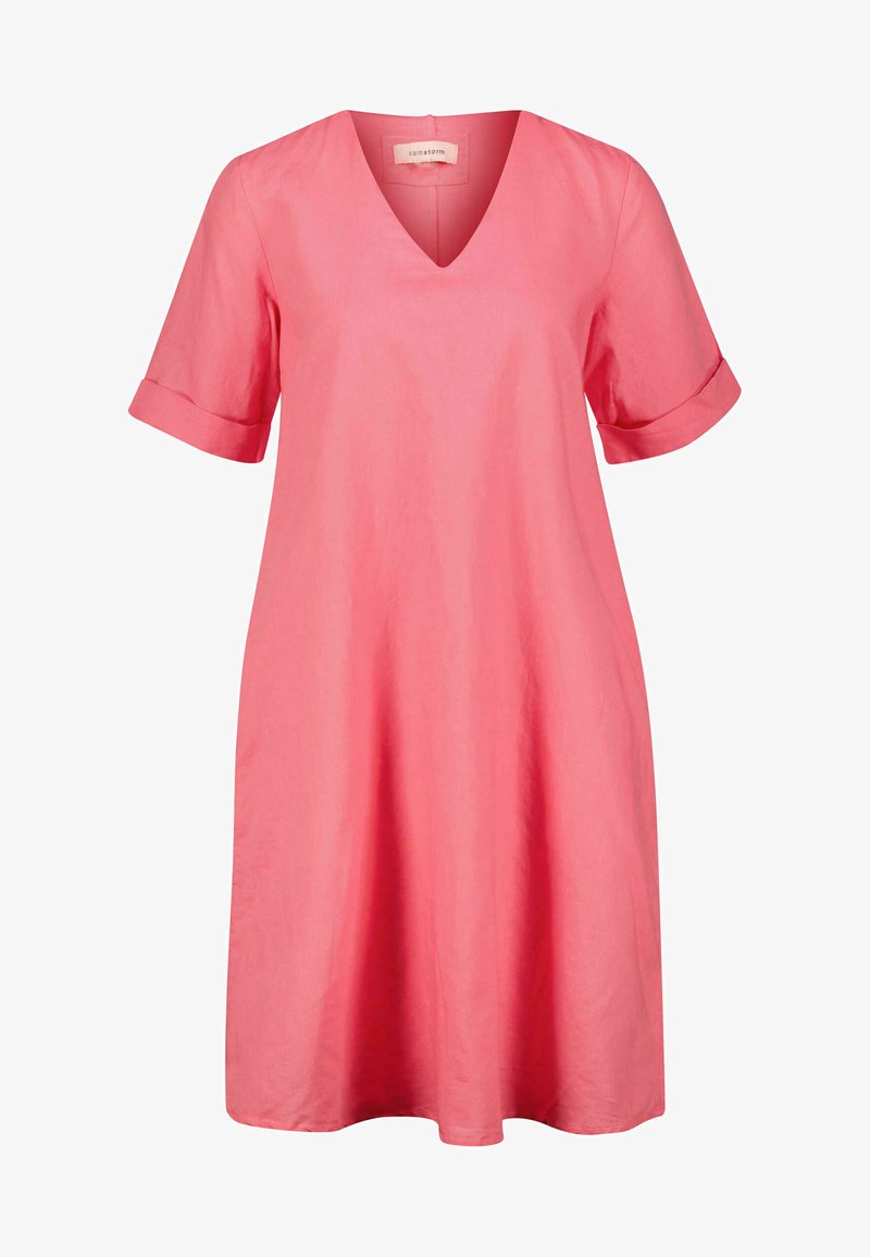 Pink V-neck dress with short sleeves and rolled cuffs, made of a lightweight fabric, featuring a loose, A-line silhouette.