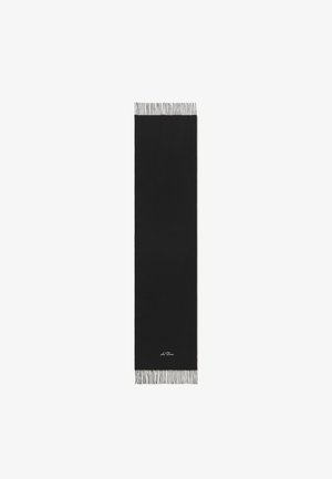 Black wool scarf, long rectangular shape with fringe detailing at one end, featuring a smooth texture and a small, white logo.