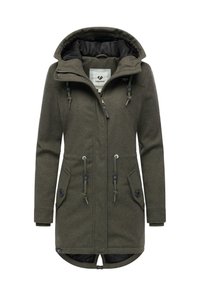 Kvinnors olivgrön huva parka med framzipper, justerbara snoddar, knappade fickor och vadderad interiör.