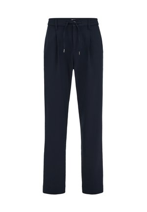 Donkerblauwe broek met een losse pasvorm, voorzien van een trekkoord in de taille, plooien aan de voorkant, twee zijzakken en een gladde stoftextuur.