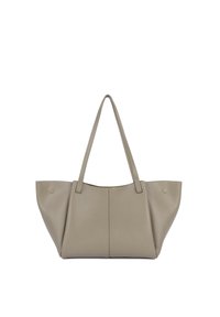 Sac fourre-tout en simili cuir taupe doux. Doté de longues anses, d'une texture lisse et d'une forme structurée et angulaire. Design minimaliste sans éléments métalliques visibles.