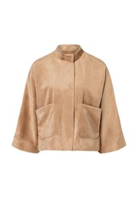 Beige Kunstpelzjacke mit hohem Kragen, weiten Ärmeln und zwei aufgesetzten Fronttaschen. Weiche Textur und entspannte Silhouette für Komfort.