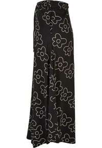 Black wide-leg pants with white floral print, elastic waistband, lightweight fabric, and flowing design.