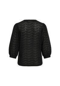 Blouse noire avec un motif texturé en zigzag, des manches ballon et un col arrondi. Fabriquée en tissu léger.