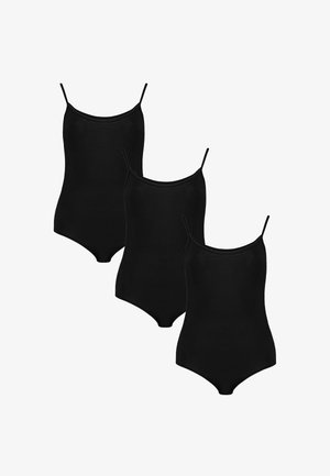 Three black camisole bodysuits with thin straps and seamless design. Made from a smooth stretch fabric. Classic fit with a simple silhouette.
