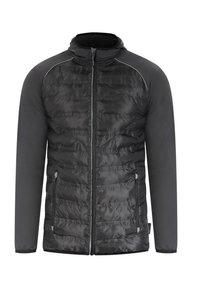Schwarze gepolsterte Jacke mit einem Reißverschluss vorne, Kapuze und kontrastierenden Ärmeln. Glatte Textur mit horizontaler Naht und zwei seitlichen Taschen.