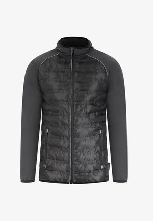 Giacca nera imbottita con zip frontale, cappuccio e maniche a contrasto. Tessuto liscio con cuciture orizzontali e due tasche laterali.