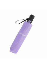 Parapluie pliant violet dans une housse en tissu assortie, avec une poignée noire à prise texturée et un accent circulaire. Nom de la marque "WITTCHEN" affiché.