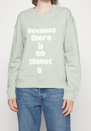 Person trägt hellgrünes Sweatshirt mit weißem Text "because there is no planet b" und blaue Jeans vor einfachem Hintergrund.