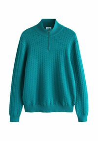 Türkisfarbener Strickpullover mit hohem Kragen und Viertelreißverschluss. Verfügt über ein strukturiertes Muster sowie gerippte Bündchen und Saum für eine enganliegende Passform.