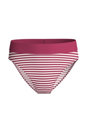 Damen-Bikinihosen mit horizontalen rosa und weißen Streifen und einem einfarbigen, tiefrosa Bund auf weißem Hintergrund.