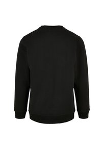 Schwarzer Sweatshirt mit Rundhalsausschnitt, langen Ärmeln und gerippten Bündchen. Glatte Textur mit einem einfachen, schlichten Design.