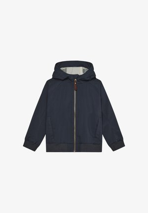 Marineblaue Kapuzenjacke aus leichtem Stoff, mit einem Frontreißverschluss, gerippten Bündchen und zwei seitlichen Taschen. Glatte Textur und minimalistisches Design.