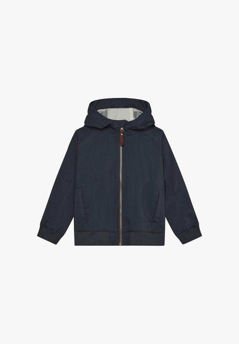 Granatowa kurtka z kapturem z lekkiego materiału, z zamkiem błyskawicznym z przodu, ściągaczami na mankietach oraz dwoma bocznymi kieszeniami. Gładka faktura i minimalistyczny design.