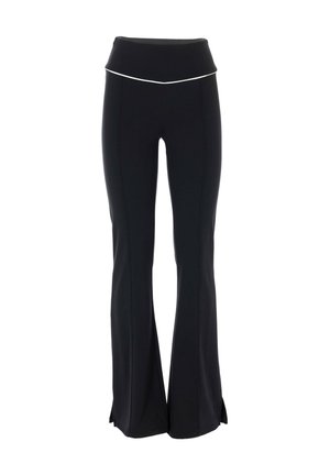 Pantaloni neri a zampa d'elefante realizzati in tessuto elasticizzato, con una vita alta e cuciture bianche a contrasto lungo la vita e le cuciture laterali.