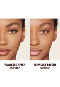Two side-by-side images of a face. Left shows smooth, even skin tone labeled "Flawless After," right shows uneven tone labeled "Flawless Before."