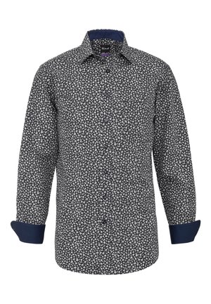 Herren-Hemd mit langen Ärmeln und Knöpfen, schwarzer Grundfarbe, weißem Blumenmuster, marineblauen Manschetten und innerem Kragenfutter.