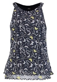 Top senza maniche color navy con motivo floreale e farfalle in tonalità chiare, dotato di orlo ondulato e scollatura tonda. Realizzato in tessuto leggero.