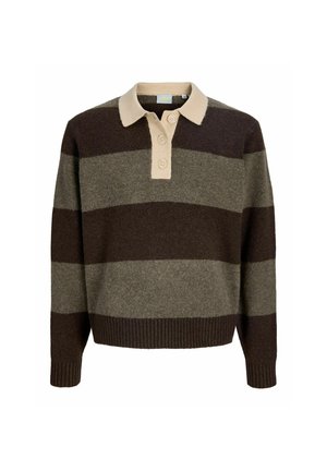 Langärmliger Strickpullover mit breiten horizontalen dunkelbraunen und olivgrünen Streifen, beigem Kragen und einer dreiknöpfigen Knopfleiste.