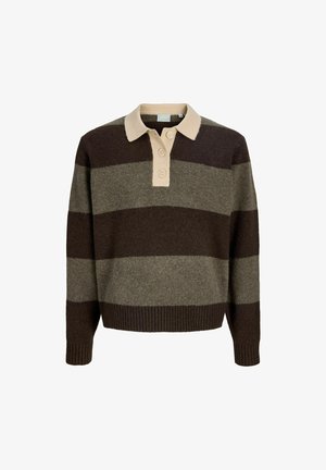 Pull en maille manches longues avec larges rayures horizontales marron foncé et vert olive, col beige et patte à trois boutons.