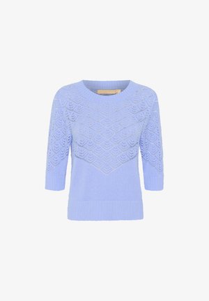 Hele sinine sviiter, millel on teemantist pitsmuster, soonikuline kaelus ja käiste otsad ning kolmeveerand pikkuses varrukad. Pehme kootud tekstuur.