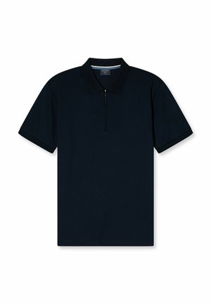Marineblaue Poloshirt aus weichem Stoff, mit einem Reißverschlusskragen, kurzen Ärmeln und kontrastierenden Besätzen am Kragen und den Ärmeln.