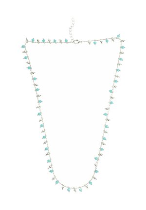 Collana d'argento con una delicata catena e perline blu chiaro disposte alternativamente lungo la sua lunghezza. Chiusura regolabile su un'estremità.