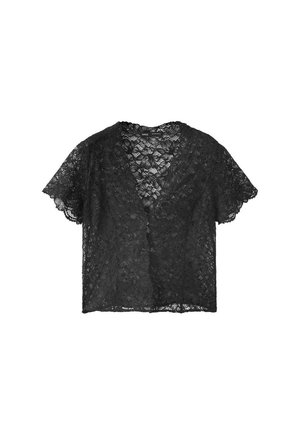 Blouse noire en dentelle à manches courtes avec motif floral et col en V, tissu semi-transparent et bords festonnés aux manches.