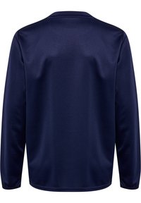 Maglietta a maniche lunghe blu navale realizzata in tessuto leggero e liscio, con scollatura a girocollo e design semplice; senza motivi visibili o dettagli hardware.