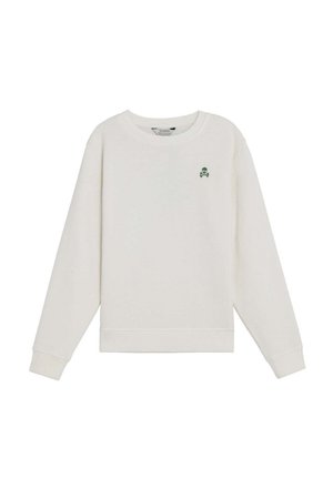Sudadera blanca de manga larga con cuello redondo y un pequeño logo verde de calavera y huesos cruzados en el pecho izquierdo.