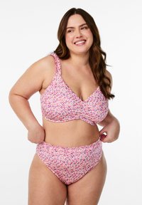 Floral bikini set in shades of pink and purple, featuring ruffled straps and a gathered waist on the bottom for added texture and shape.