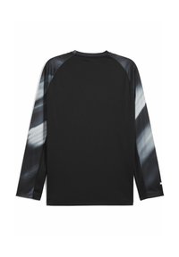 Schwarzes Langarmshirt mit strukturiertem schwarzen Körper und einem grau verlaufenden Akzent an den Ärmeln. Es hat Raglanärmel und einen Rundhalsausschnitt.