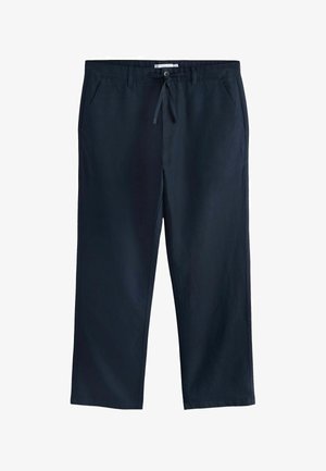 Marineblaue Freizeithosen mit geraden Beinen, Vordertaschen, Knopf und Kordelzug am Bund.