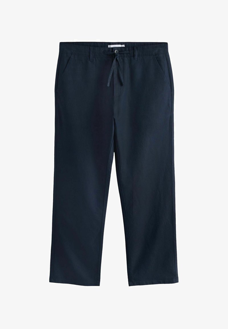 Pantalon décontracté bleu marine à jambes droites, poches avant, fermeture par bouton et cordon de serrage à la taille.