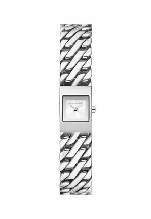Orologio da polso in metallo argentato con quadrante quadrato, caratterizzato da un quadrante bianco testurizzato e un design a bracciale a catena. Messo in risalto da superfici lucidate.