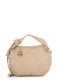 Beige geweven leren handtas met een geknoopte handgreep, een gladde bovenkant en een gouden hardware charm. Heeft een ronde vorm en een gestructureerd oppervlak.