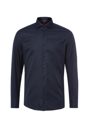 Slim-fit granatowa koszula z długim rękawem, wykonana z gładkiego materiału, z kołnierzykiem zapinanym na guziki oraz przednią zapiętą mankietą z pasującymi guzikami.