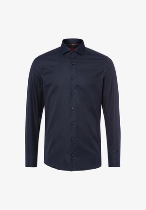 Slim-fit granatowa koszula z długim rękawem, wykonana z gładkiego materiału, z kołnierzykiem zapinanym na guziki oraz przednią zapiętą mankietą z pasującymi guzikami.