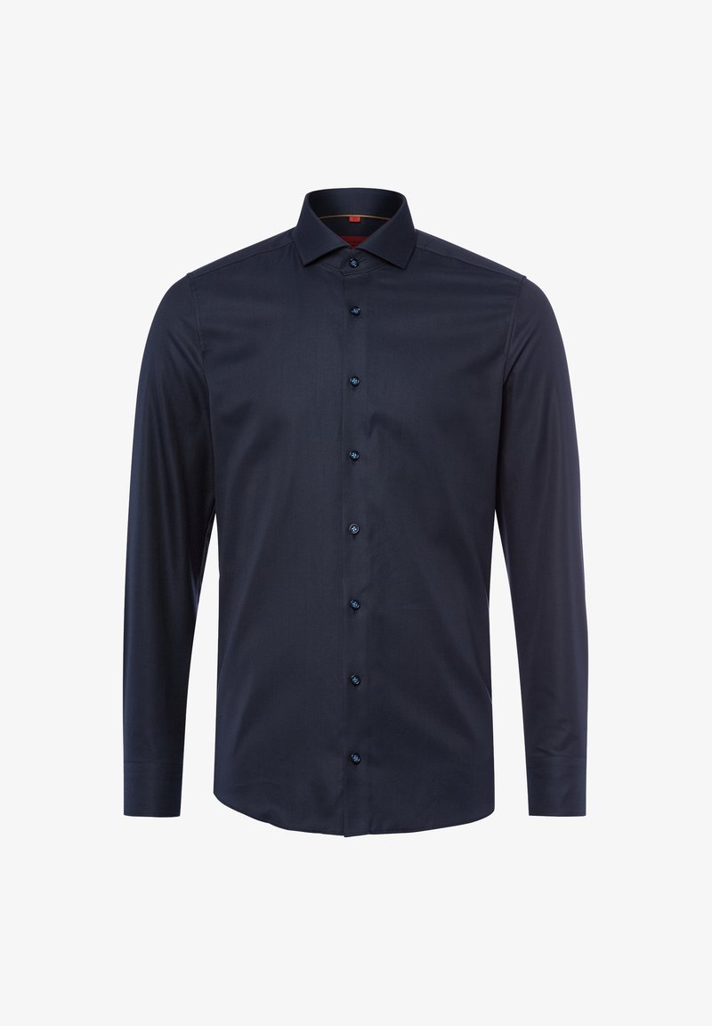 Slim-fit granatowa koszula z długim rękawem, wykonana z gładkiego materiału, z kołnierzykiem zapinanym na guziki oraz przednią zapiętą mankietą z pasującymi guzikami.