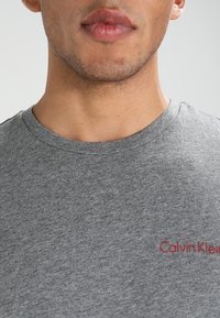 Šedé bavlněné tričko s kulatým výstřihem a krátkým rukávem. Má decentní červené logo "Calvin Klein" na levé straně hrudi. Hladký materiál.