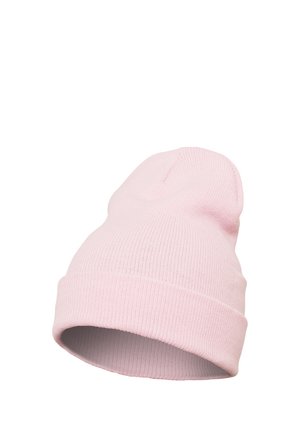 Pink knit beanie with a ribbed texture and turned-up cuff. It features a soft fabric and a simple, streamlined design.