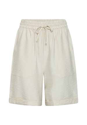 Pantalones cortos beige de corte holgado con cintura elástica, cordón ajustable, bolsillos frontales de parche y bajos con puños.