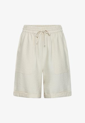 Pantalones cortos beige de corte holgado con cintura elástica, cordón ajustable, bolsillos frontales de parche y bajos con puños.