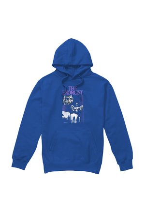 Blue hoodie with "The Exorcist" text and graphic showing a demonic face and a silhouetted figure standing in a doorway.